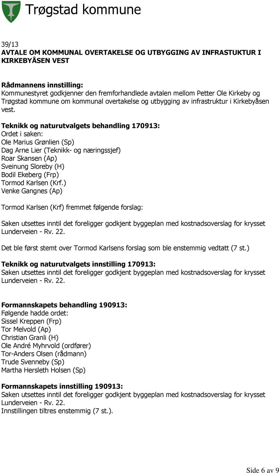 Teknikk og naturutvalgets behandling 170913: Ordet i saken: Ole Marius Grønlien (Sp) Dag Arne Lier (Teknikk- og næringssjef) Roar Skansen (Ap) Sveinung Sloreby (H) Bodil Ekeberg (Frp) Tormod Karlsen