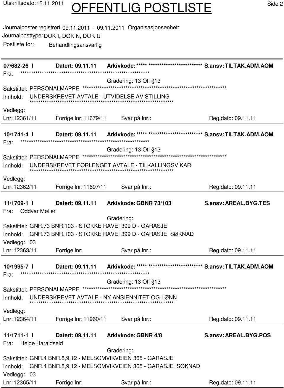 ansv: TILTAK.ADM.AOM 13 Ofl 13 Sakstittel: PERSONALMAPPE Innhold: UNDERSKREVET FORLENGET AVTALE - TILKALLINGSVIKAR Lnr: 12362/11 Forrige lnr: 11697/11 Svar på lnr.: Reg.dato: 09.11.11 11/1709-1 I Datert: 09.