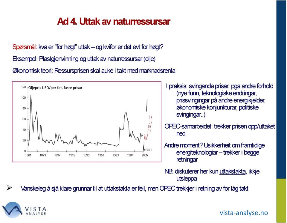 svingande prisar, pga andre forhold (nye funn, teknologiske endringar, prissvingingar på andre energikjelder, økonomiske konjunkturar, politiske svingingar.