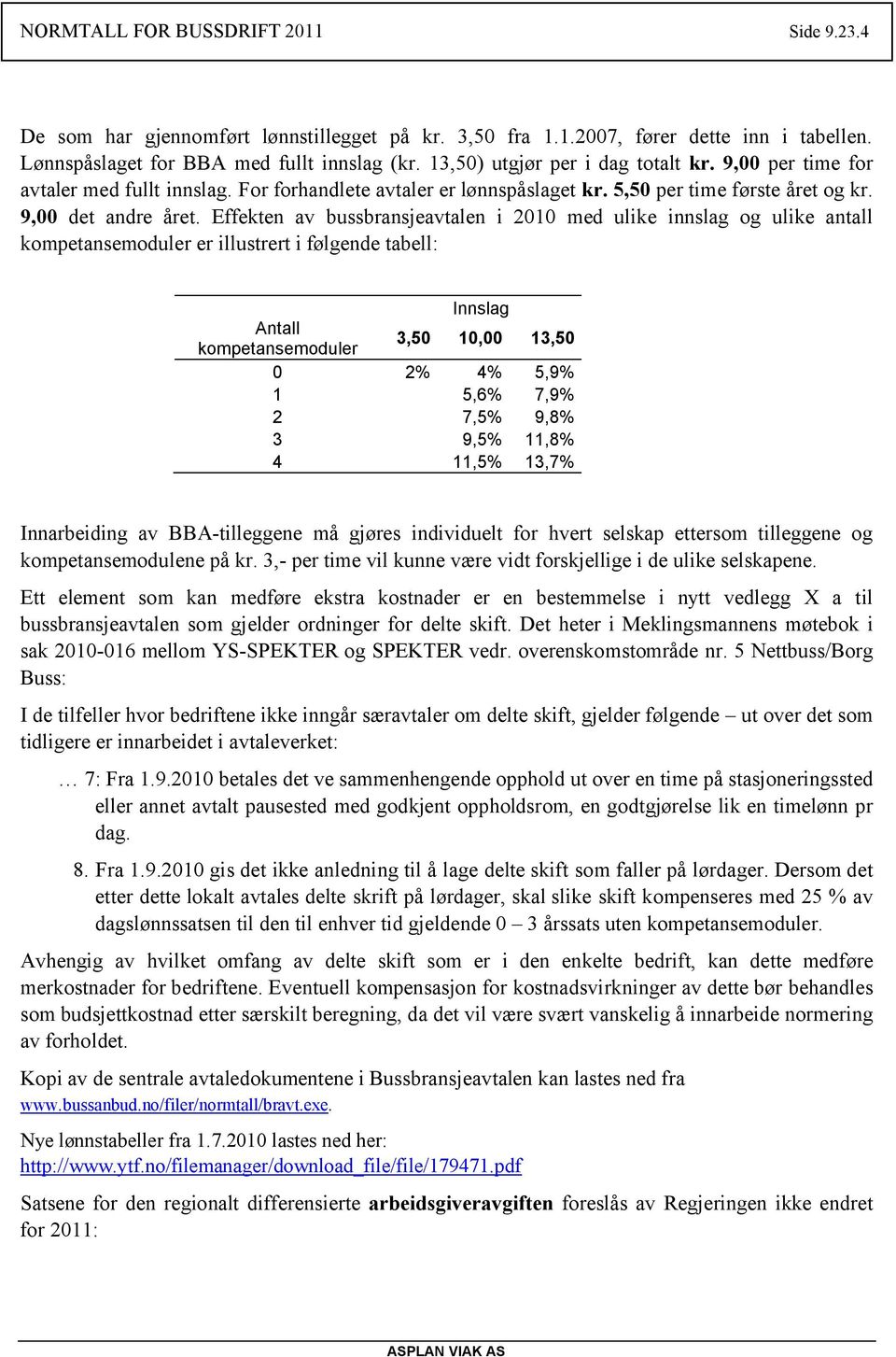 Effekten av bussbransjeavtalen i 2010 med ulike innslag og ulike antall kompetansemoduler er illustrert i følgende tabell: Innslag Antall kompetansemoduler 3,50 10,00 13,50 0 2% 4% 5,9% 1 5,6% 7,9% 2