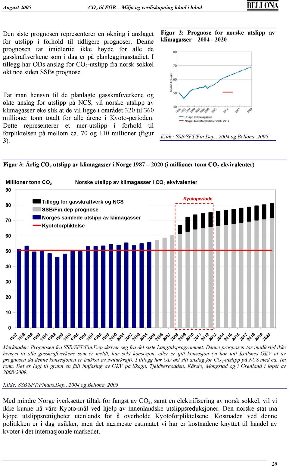 Figur 2: Prognose for norske utslipp av klimagasser 2004-2020 Tar man hensyn til de planlagte gasskraftverkene og økte anslag for utslipp på NCS, vil norske utslipp av klimagasser øke slik at de vil