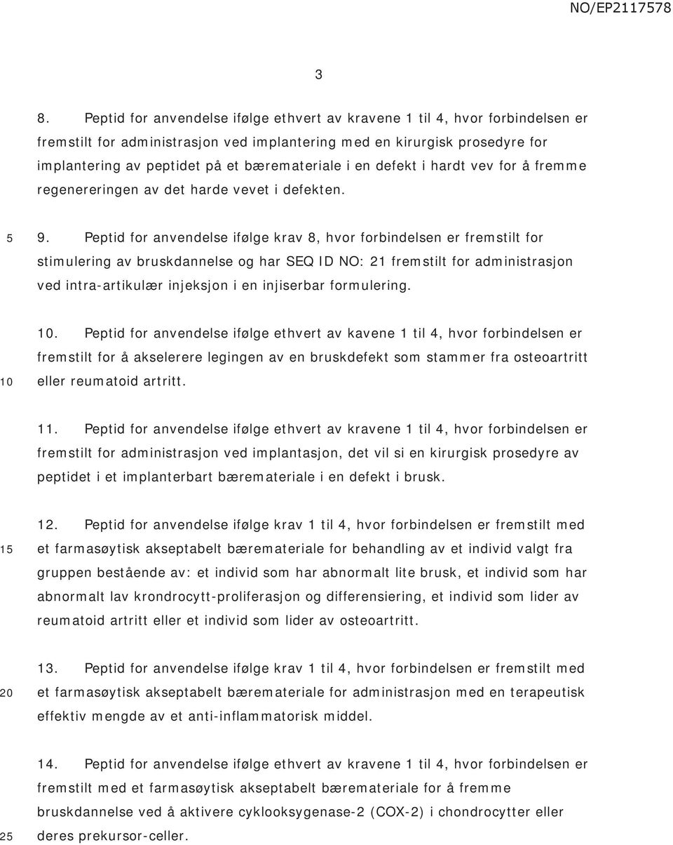 Peptid for anvendelse ifølge krav 8, hvor forbindelsen er fremstilt for stimulering av bruskdannelse og har SEQ ID NO: 21 fremstilt for administrasjon ved intra-artikulær injeksjon i en injiserbar