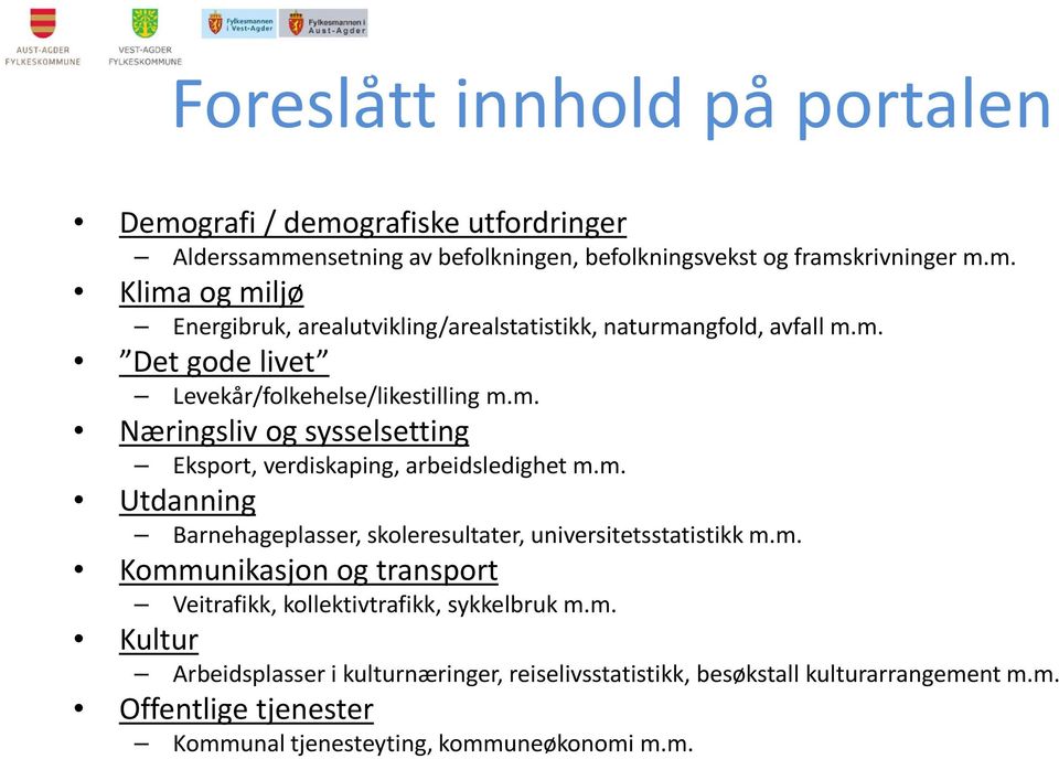 m. Kommunikasjon og transport Veitrafikk, kollektivtrafikk, sykkelbruk m.m. Kultur Arbeidsplasser i kulturnæringer, reiselivsstatistikk, besøkstall kulturarrangement m.