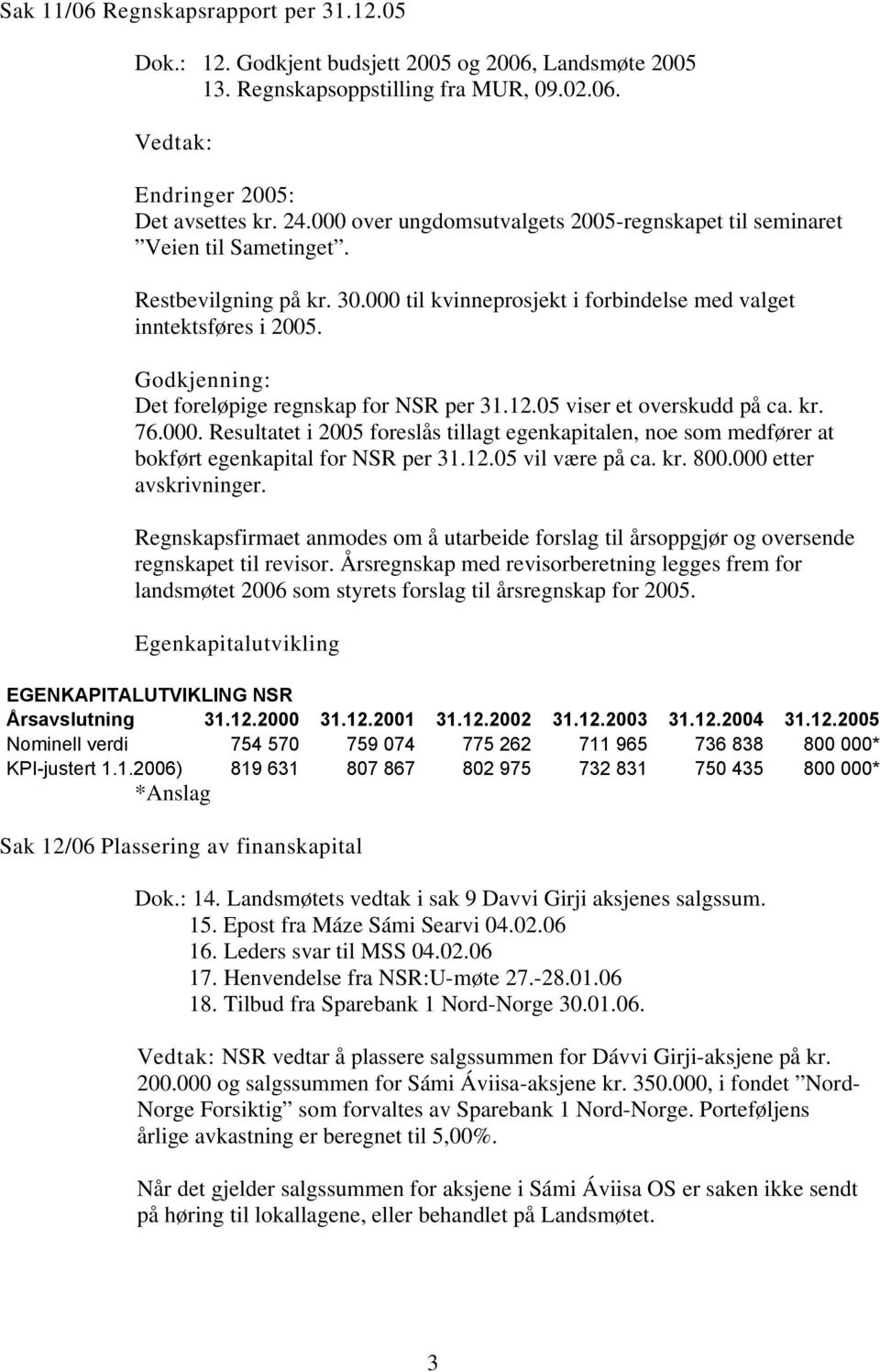 Godkjenning: Det foreløpige regnskap for NSR per 31.12.05 viser et overskudd på ca. kr. 76.000.