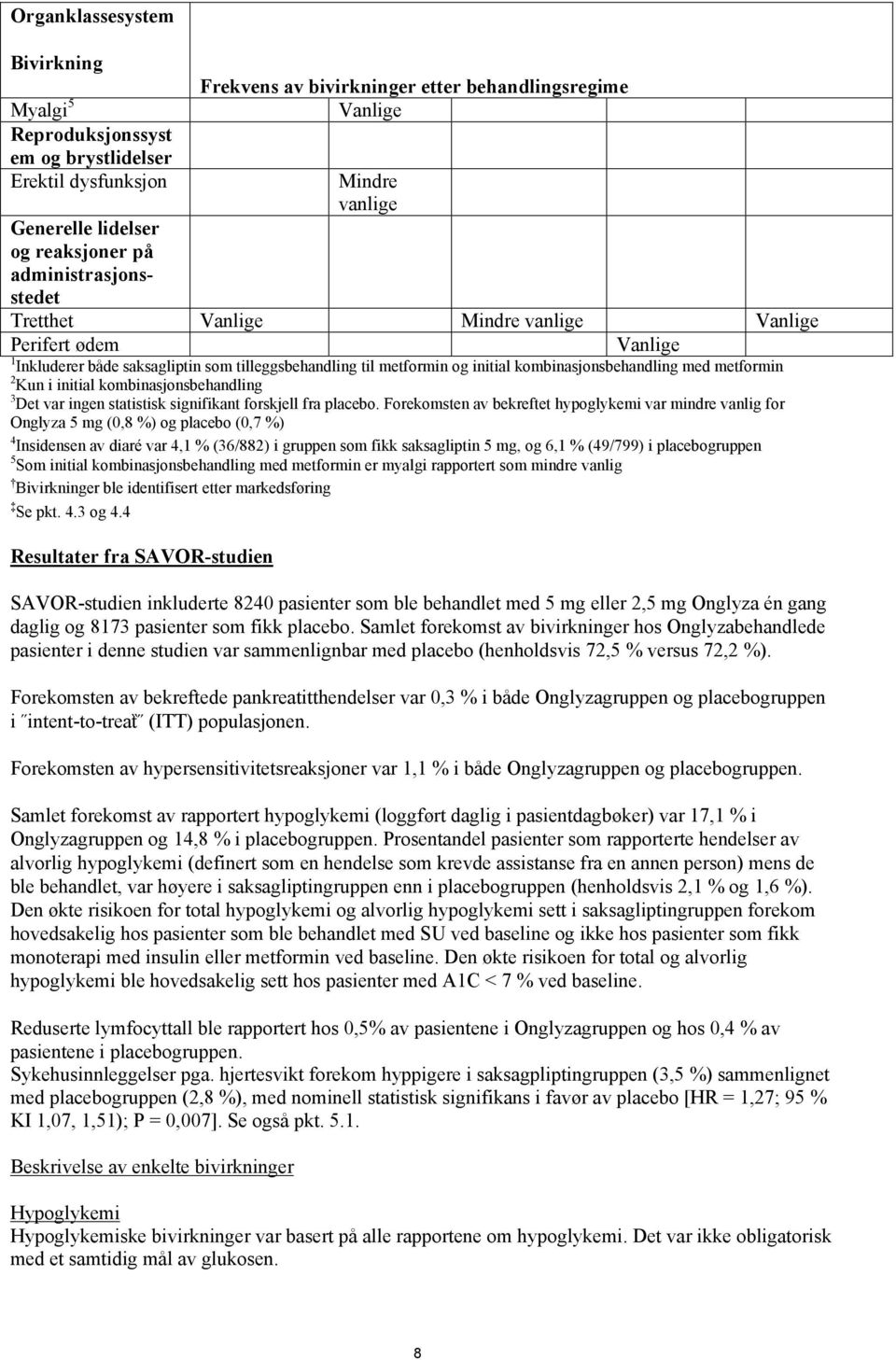 med metformin 2 Kun i initial kombinasjonsbehandling 3 Det var ingen statistisk signifikant forskjell fra placebo.