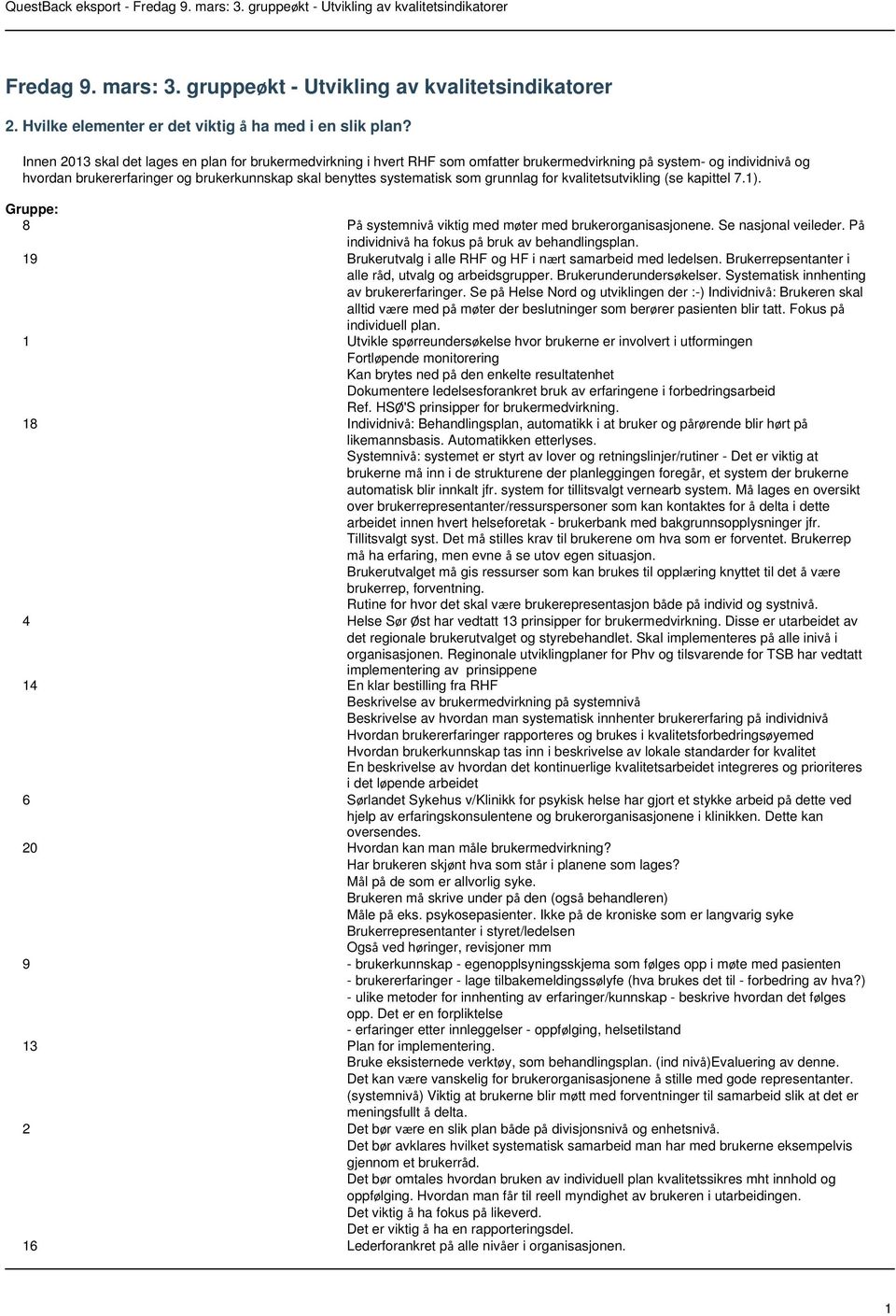 som grunnlag for kvalitetsutvikling (se kapittel 7.1). Gruppe: 8 På systemnivå viktig med møter med brukerorganisasjonene. Se nasjonal veileder. På individnivå ha fokus på bruk av behandlingsplan.