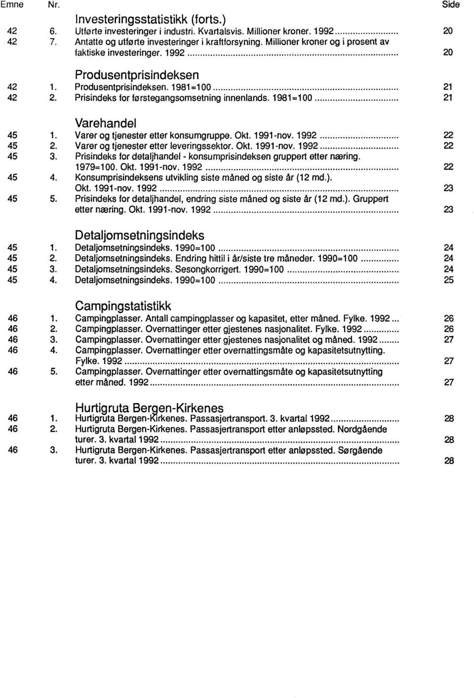 etter konsumgruppe Okt 1991-nov 1992 22 45 2 Varer og tjenester etter leveringssektor Okt 1991-nov 1992 22 45 3 Prisindeks for detaljhandel - konsumprisindeksen gruppert etter næring 1979=100 Okt