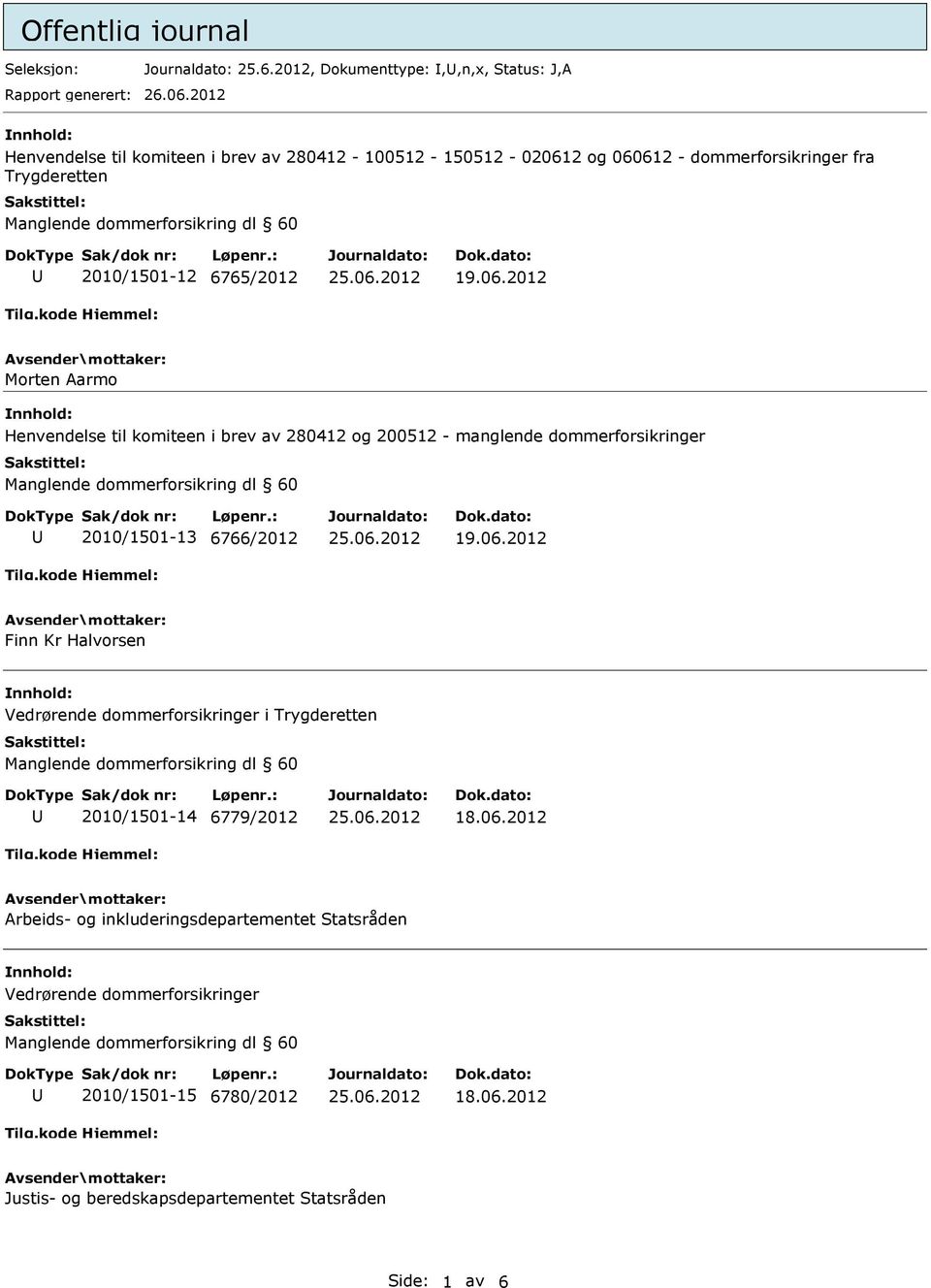 Henvendelse til komiteen i brev av 280412 og 200512 - manglende dommerforsikringer 2010/1501-13 6766/2012 Finn Kr Halvorsen Vedrørende dommerforsikringer i