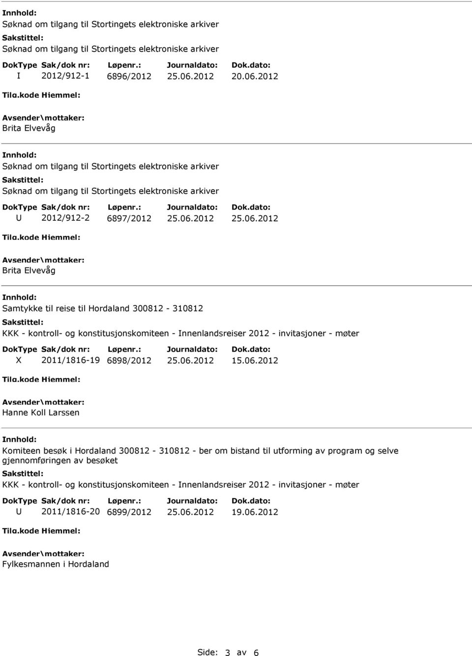 konstitusjonskomiteen - nnenlandsreiser 2012 - invitasjoner - møter 2011/1816-19 6898/2012 Hanne Koll Larssen Komiteen besøk i