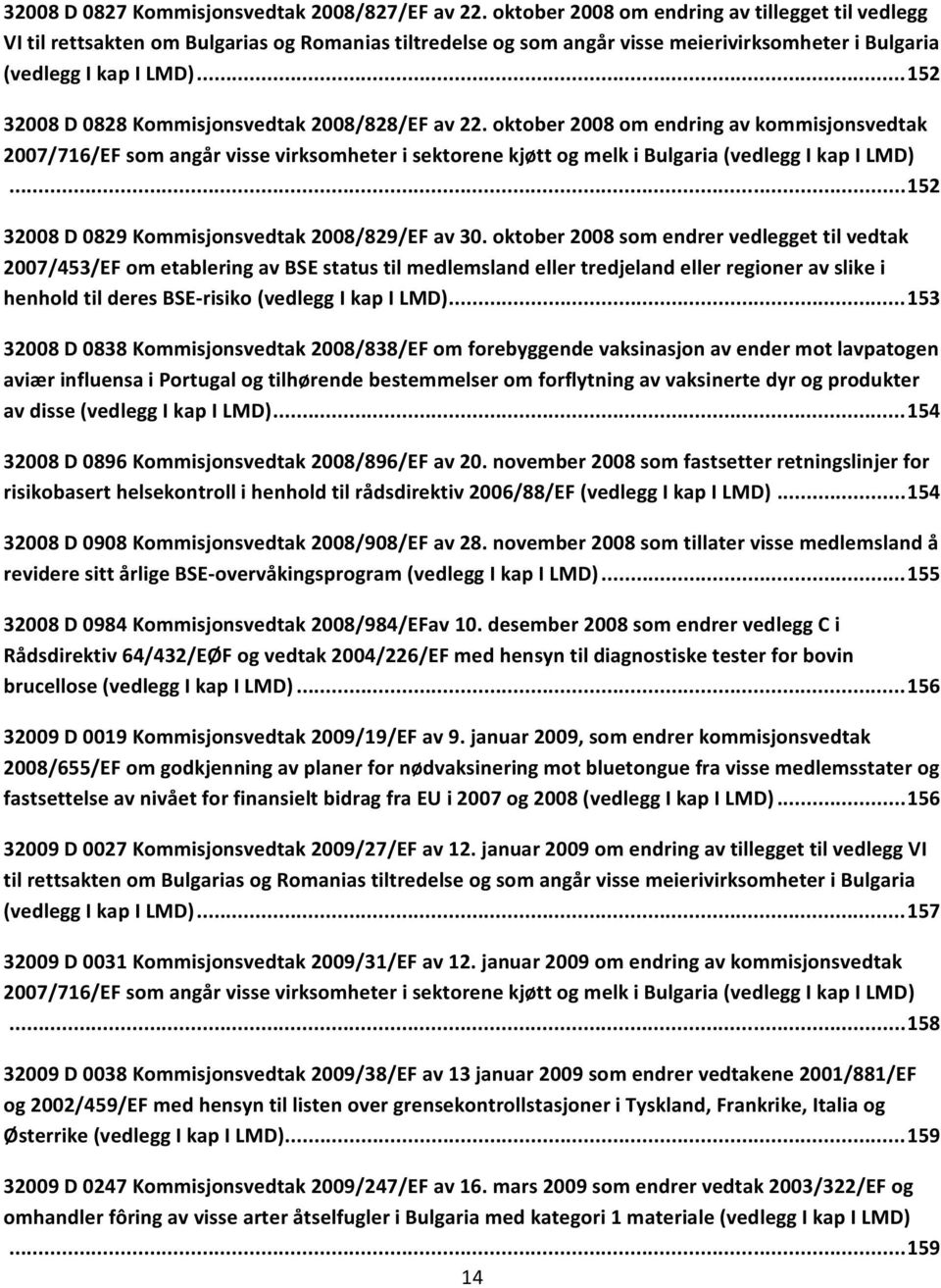 .. 152 32008 D 0828 Kommisjonsvedtak 2008/828/EF av 22. oktober 2008 om endring av kommisjonsvedtak 2007/716/EF som angår visse virksomheter i sektorene kjøtt og melk i Bulgaria (vedlegg I kap I LMD).