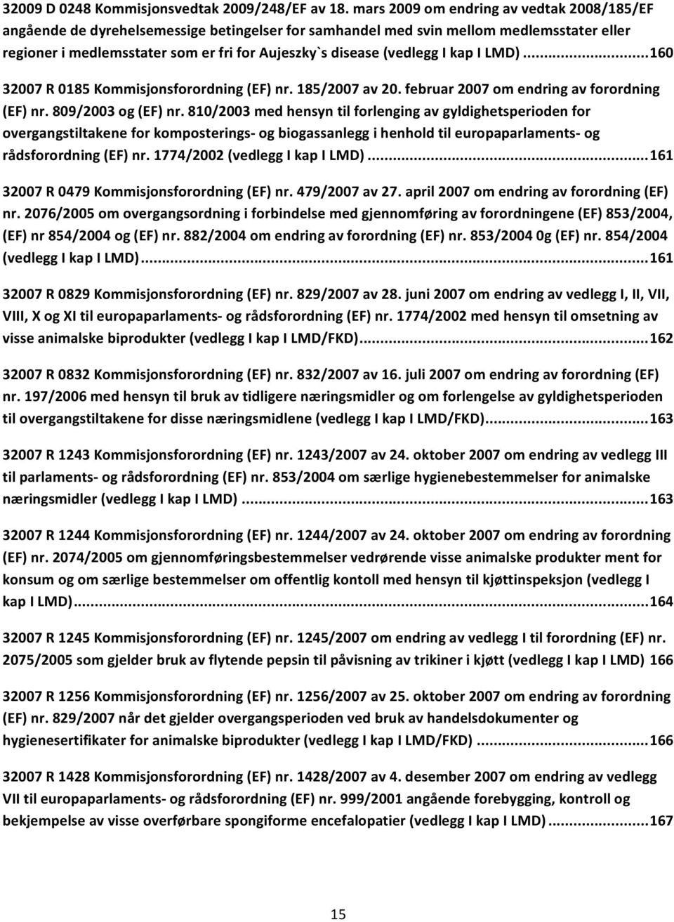 (vedlegg I kap I LMD)... 160 32007 R 0185 Kommisjonsforordning (EF) nr. 185/2007 av 20. februar 2007 om endring av forordning (EF) nr. 809/2003 og (EF) nr.