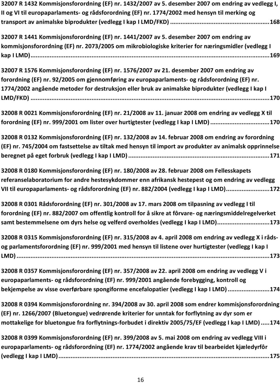 desember 2007 om endring av kommisjonsforordning (EF) nr. 2073/2005 om mikrobiologiske kriterier for næringsmidler (vedlegg I kap I LMD)... 169 32007 R 1576 Kommisjonsforordning (EF) nr.