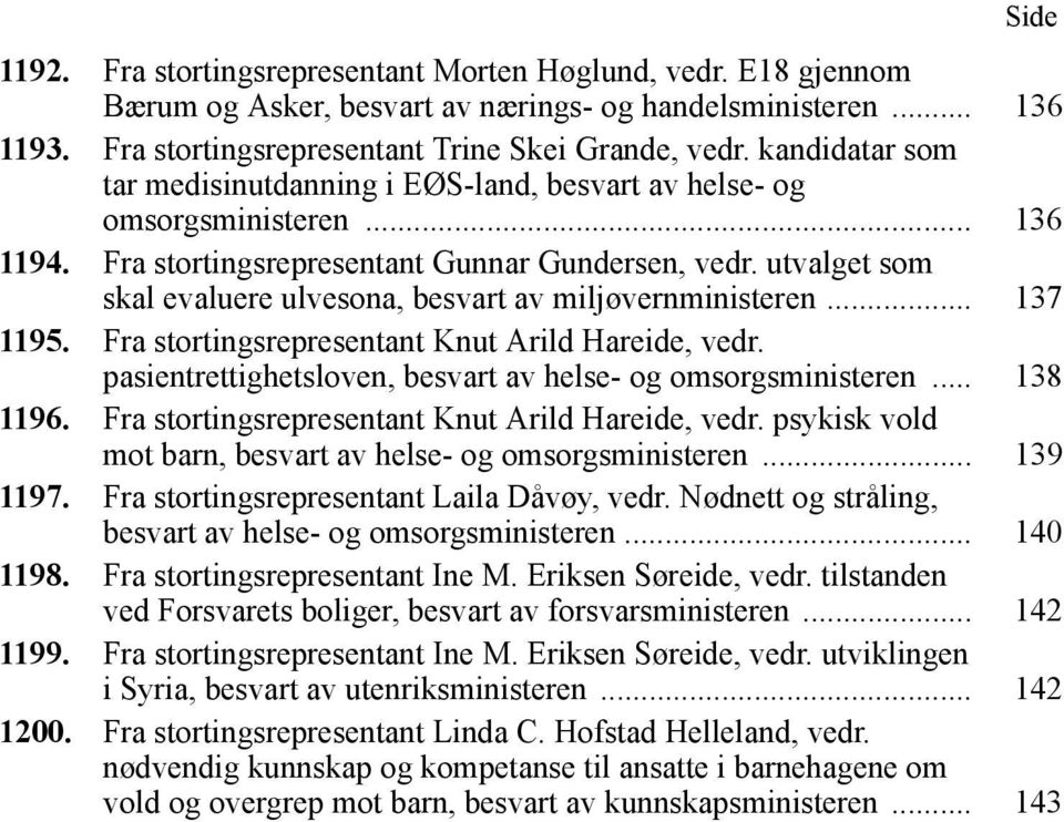 utvalget som skal evaluere ulvesona, besvart av miljøvernministeren... 137 1195. Fra stortingsrepresentant Knut Arild Hareide, vedr. pasientrettighetsloven, besvart av helse- og omsorgsministeren.