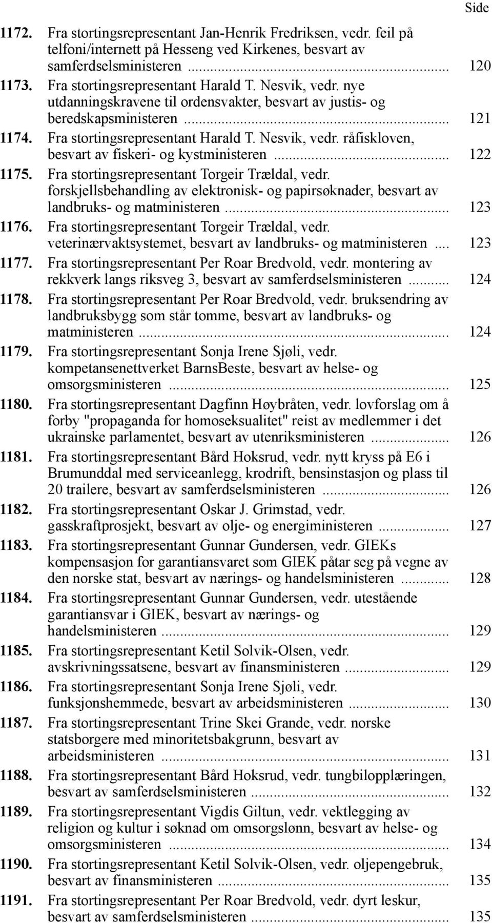 råfiskloven, besvart av fiskeri- og kystministeren... 122 1175. Fra stortingsrepresentant Torgeir Trældal, vedr.