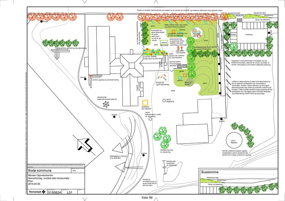 Biladkomst Busslomme Gang- og sykkelveg gress Malte stokker bryter opp vinden og skaper klima for opphold Tosidig amfi for opphold og uteundervisning ca 2 meter høy buskbeplantning til le og