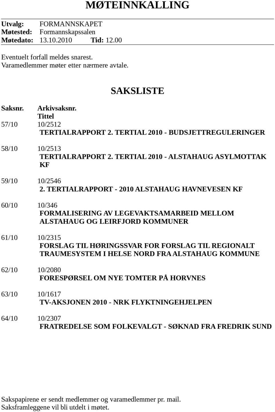 TERTIALRAPPORT - 2010 ALSTAHAUG HAVNEVESEN KF 60/10 10/346 FORMALISERING AV LEGEVAKTSAMARBEID MELLOM ALSTAHAUG OG LEIRFJORD KOMMUNER 61/10 10/2315 FORSLAG TIL HØRINGSSVAR FOR FORSLAG TIL REGIONALT