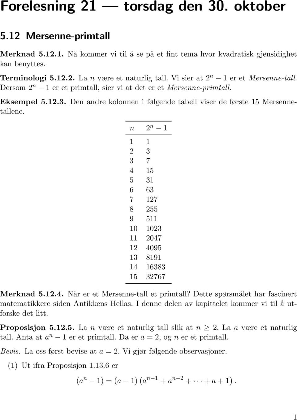 n 2 n 1 1 1 2 3 3 7 4 15 5 31 6 63 7 127 8 255 9 511 10 1023 11 2047 12 4095 13 8191 14 16383 15 32767 Merknad 5.12.4. Når er et Mersenne-tall et primtall?