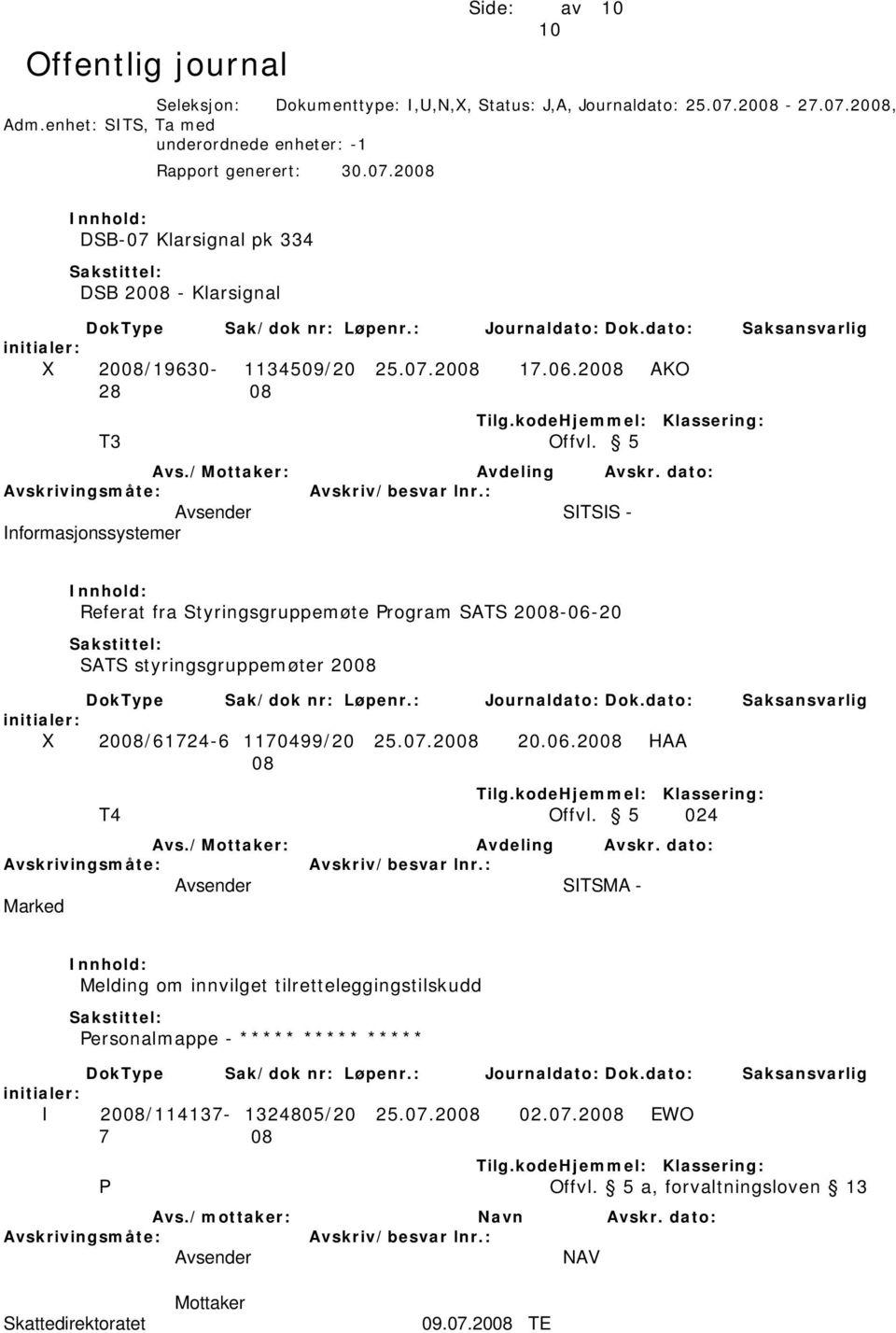 dato: SITSIS - Informasjonssystemer Referat fra Styringsgruppemøte Program SATS 2008-06-20 SATS styringsgruppemøter 2008 X 2008/61724-6 1170499/20 25.07.2008 20.06.2008 HAA 08 T4 Offvl.