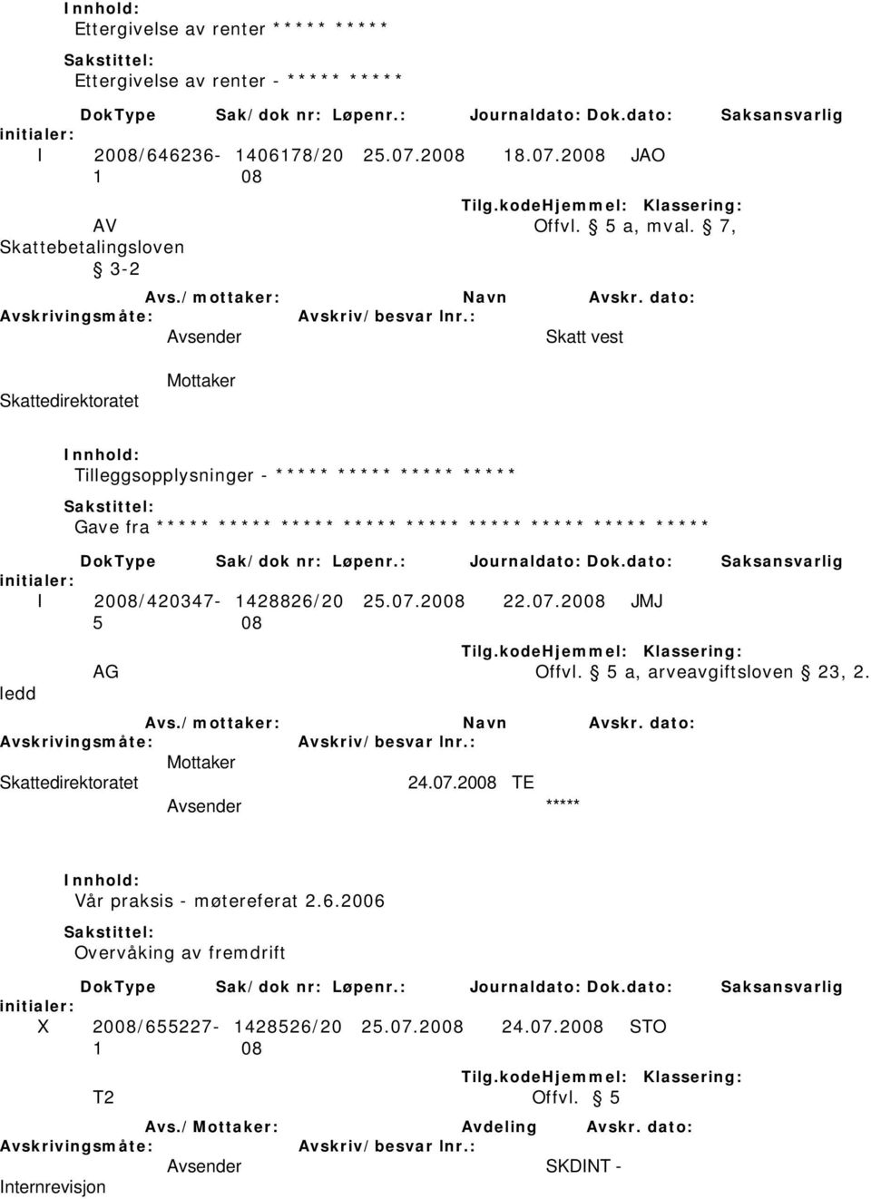 ***** ***** I 2008/420347-1428826/20 25.07.2008 22.07.2008 JMJ 5 08 ledd AG Offvl. 5 a, arveavgiftsloven 23, 2. Skattedirektoratet 24.07.2008 TE ***** Vår praksis - møtereferat 2.