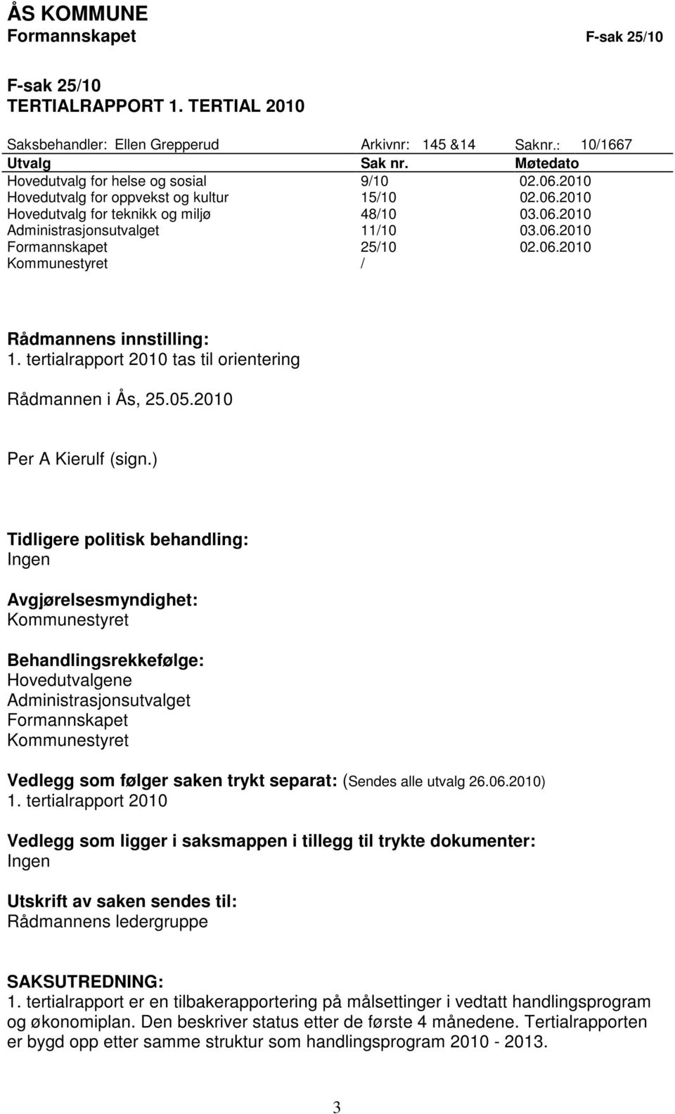 06.2010 Kommunestyret / Rådmannens innstilling: 1. tertialrapport 2010 tas til orientering Rådmannen i Ås, 25.05.2010 Per A Kierulf (sign.