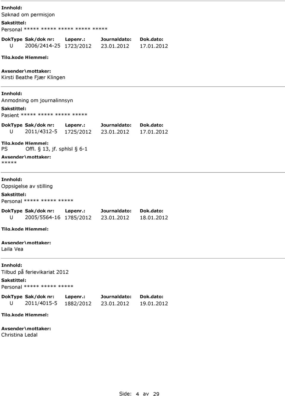 2012 Kirsti Beathe Fjær Klingen Anmodning om journalinnsyn 2011/4312-5