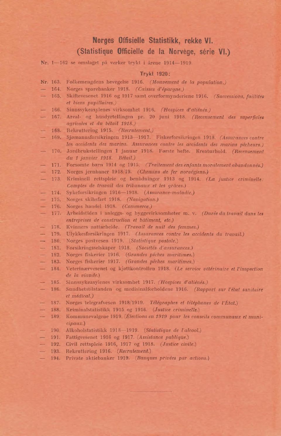 Sinnssykeasylenes virksomhet 96. (Hospices d'aliénés.) 67. Areal og husdyrtellingen pr. 0 juni 98. (Recensement des superficies agricoles et du bétail 98.) 68. Rekruttering 95. (Recrutement.) 69.