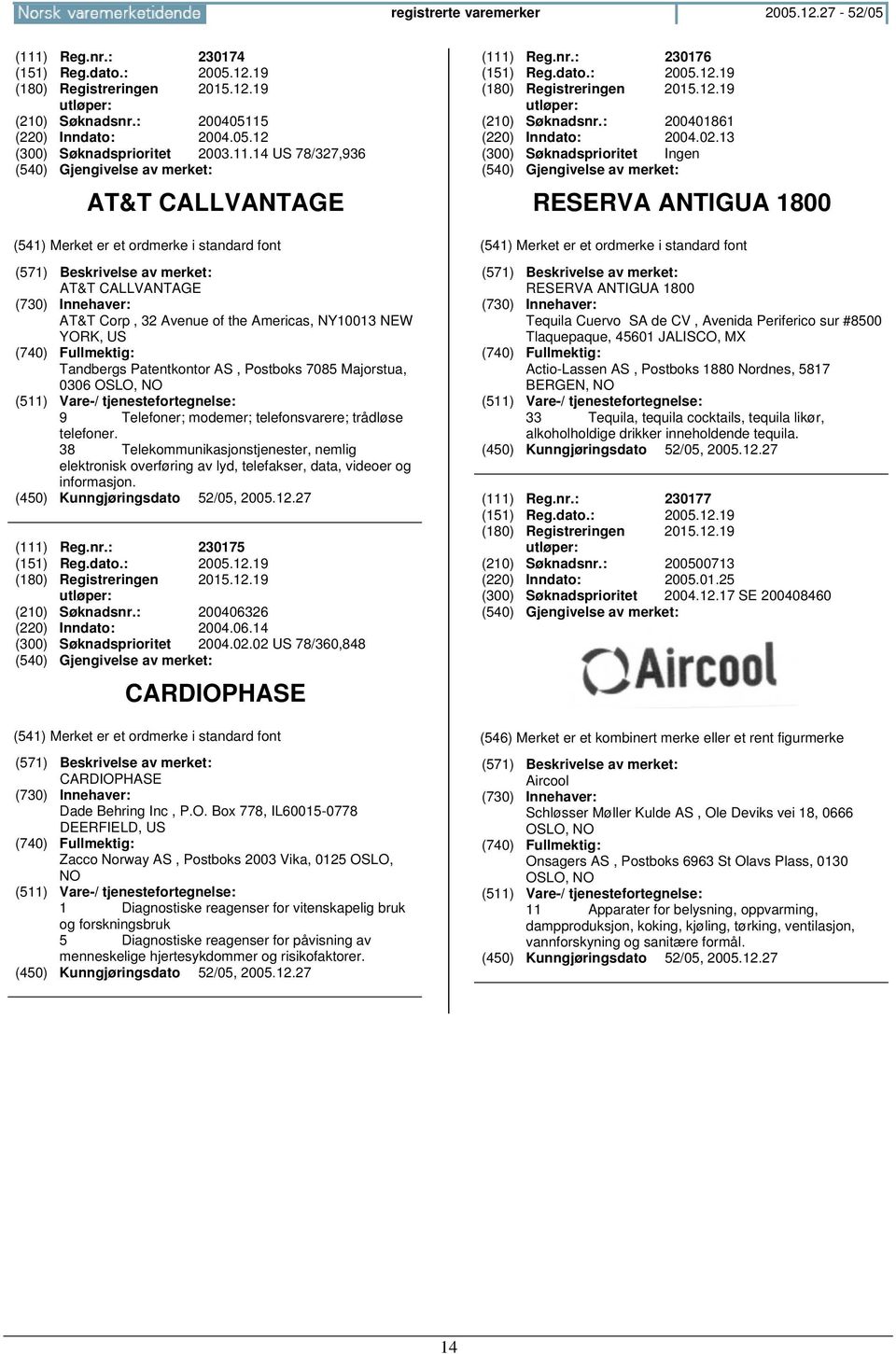 telefonsvarere; trådløse telefoner. 38 Telekommunikasjonstjenester, nemlig elektronisk overføring av lyd, telefakser, data, videoer og informasjon. (111) Reg.nr.: 230175 (151) Reg.dato.: 2005.12.