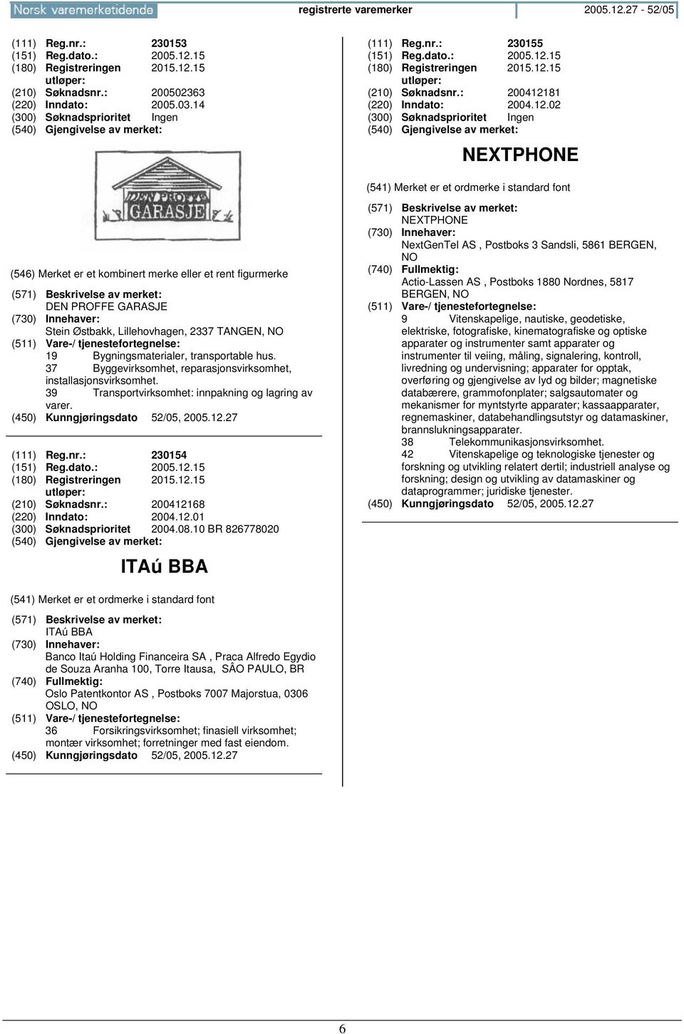 37 Byggevirksomhet, reparasjonsvirksomhet, installasjonsvirksomhet. 39 Transportvirksomhet: innpakning og lagring av varer. (111) Reg.nr.: 230154 (151) Reg.dato.: 2005.12.15 (180) Registreringen 2015.