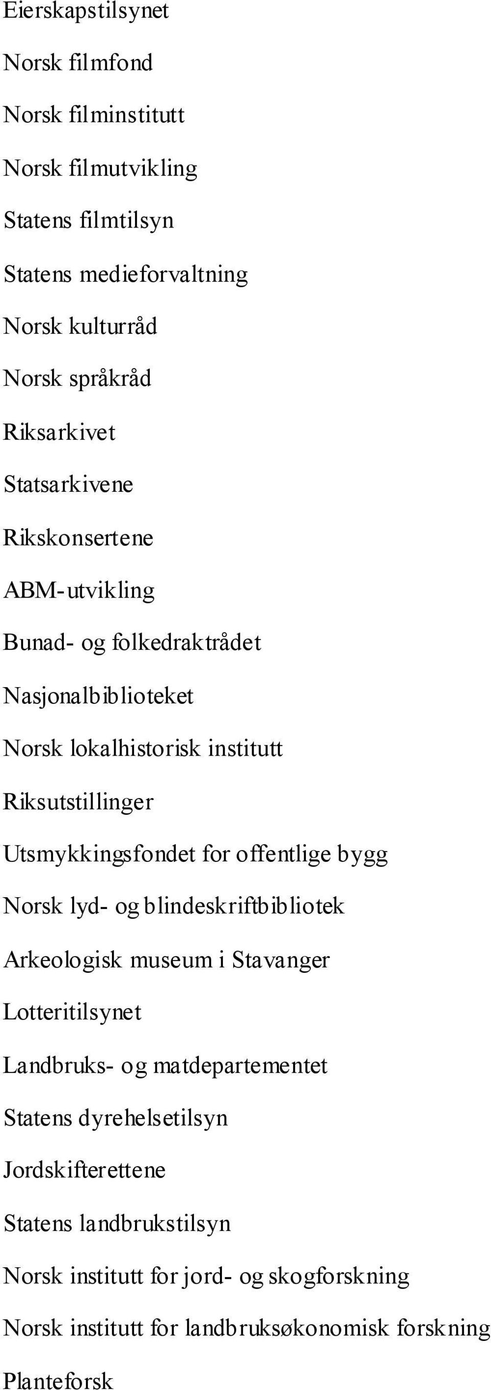 Utsmykkingsfondet for offentlige bygg Norsk lyd- og blindeskriftbibliotek Arkeologisk museum i Stavanger Lotteritilsynet Landbruks- og matdepartementet