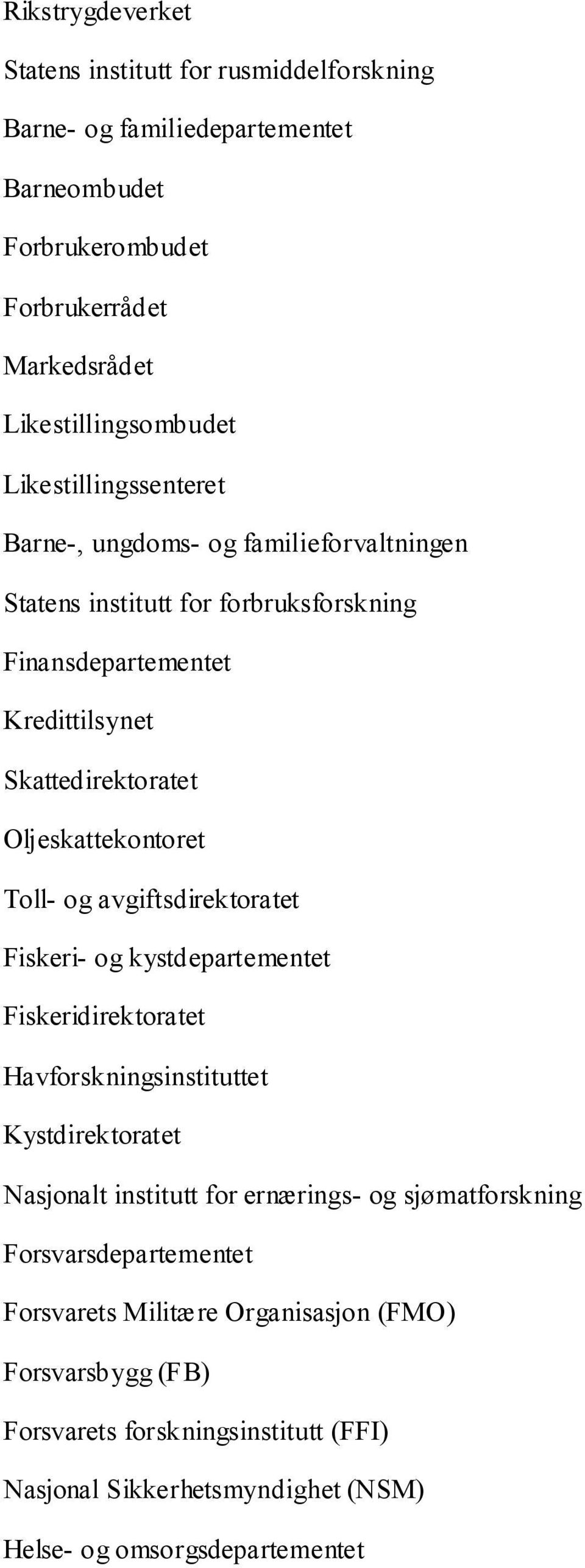 Oljeskattekontoret Toll- og avgiftsdirektoratet Fiskeri- og kystdepartementet Fiskeridirektoratet Havforskningsinstituttet Kystdirektoratet Nasjonalt institutt for ernærings-