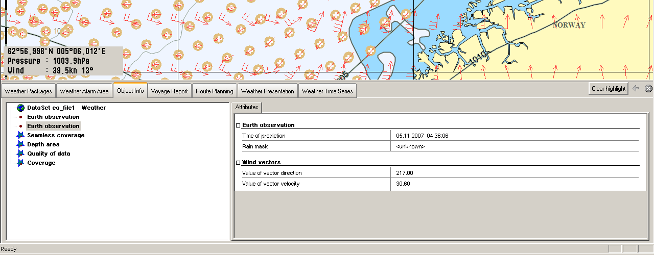 Fig 2: This screen dump tells how the wind forecast is validated in real time by an overlay of