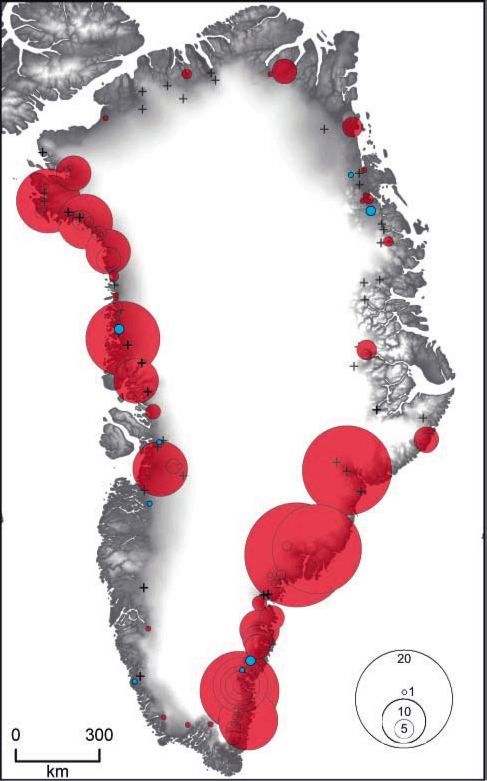 (Dynamisk) Fortynning av brearmene på Grønland (m pr år) Tilsvarende for