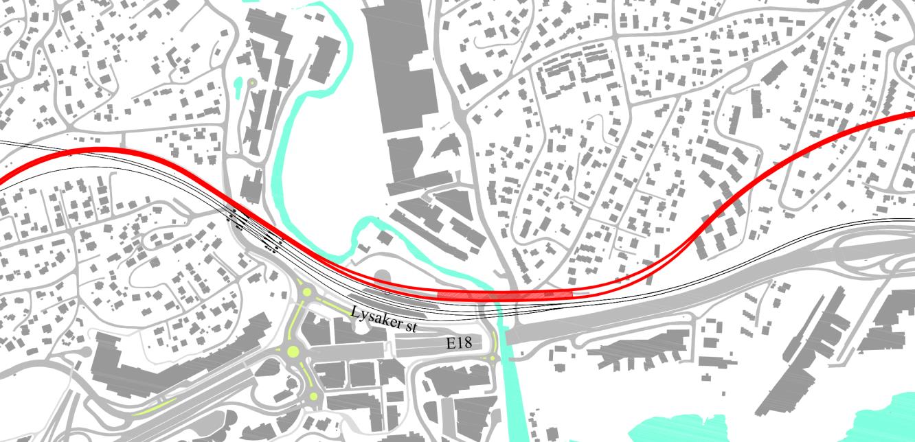 Rød farge er nye spor for lokaltog. Bru for Vollsveien over jernbanen må bygges ny. Videre vestover utvides dagens vestgående spor på Drammenbanen til dobbeltspor.