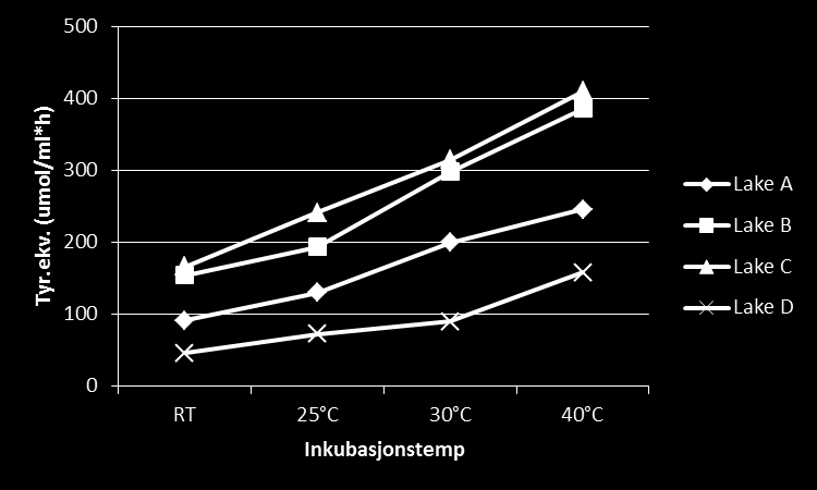 Figur 6 Konsentrasjon av tyrosin ekvivalenter (µmol/ml*h) i laker som funksjon av inkubasjonstemperatur. 3.