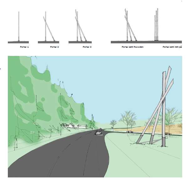 Rollagskrysset med portal Prosjektering Bygging portaler Belysning Økt synlighet av Rollag sentrum,