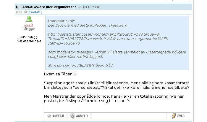 "Translator" følger opp noe seinere "skeptikerskeptiker" (som slett ikke er noen skeptiker) sin påstand om at "Dette er en relativt åpen tråd": Den fulle referansen i translators innlegg er: