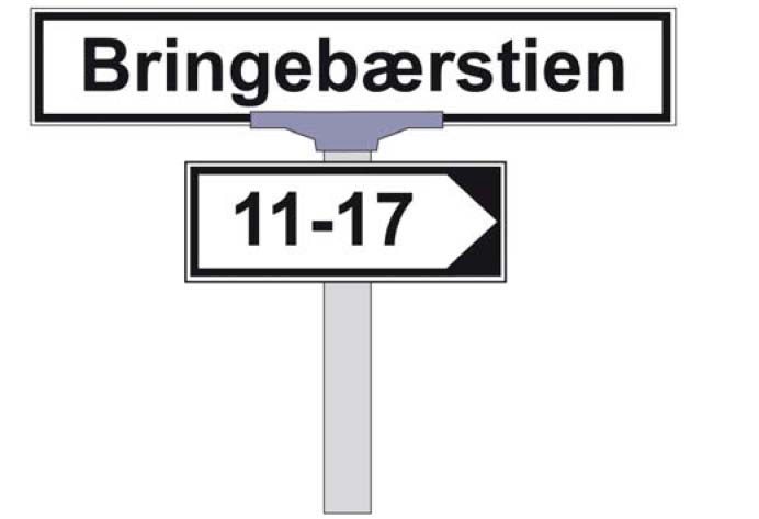 1 ANVENDELSE, STØRRELSE OG UTFORMING Henvisningsskilt vil bli benyttet ved sidegrener slik at det er enkelt å se hvilke adresser som hører til den avledede vegen.