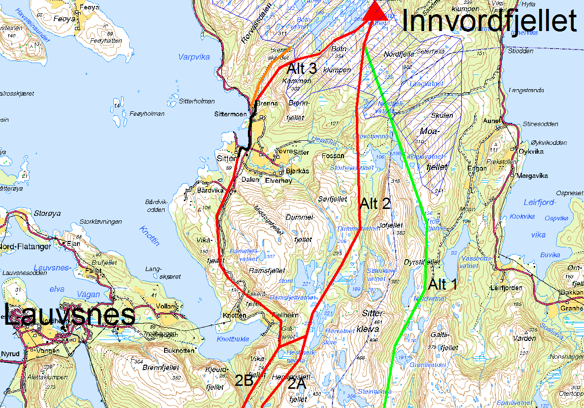 3.0 NETTLØSNING INNVORDFJELLET 3.1 Traseløsning 3, 132 kv ledning via Sitter. Det er vurdert en 3. traseløsning for nettilknytning av Innvordfjellet vindkraftverk.