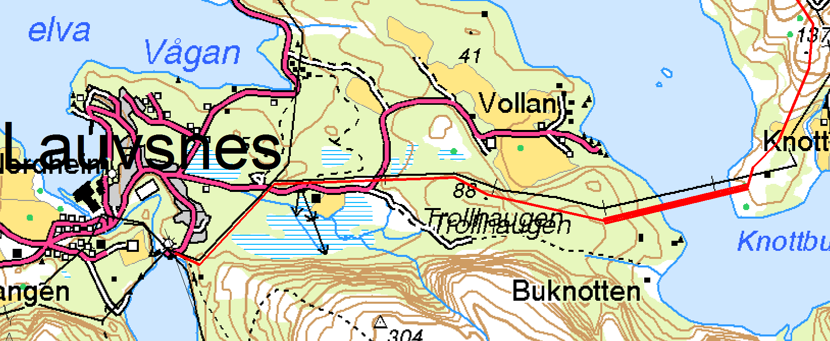 3.3 Alternativ trasé mot Lauvsnes Som et alternativ til å føre 132 kv ledningen inn til Lauvsnes sydfra, er det også vurdert en løsning der man kommer inn østfra, fra Knottbukta. Se fig. 6 Eks.