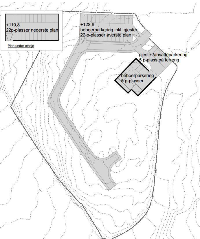 Felt B3 er forutsatt benyttet til omsorgsboliger. Med boenheter i 2. og 3. etasje på ca. 40-60 m2 gir dette 8 omsorgsleiligheter.