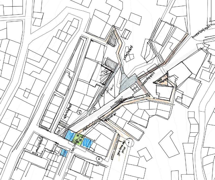 SPORT VEKSTHUS MIDTSTOPP Det nye orienteringspunktet i skråningen har blitt midtstopp for ascensoren De andre funksjonene har blitt lagt langs en akse parallellt med ascensoren.