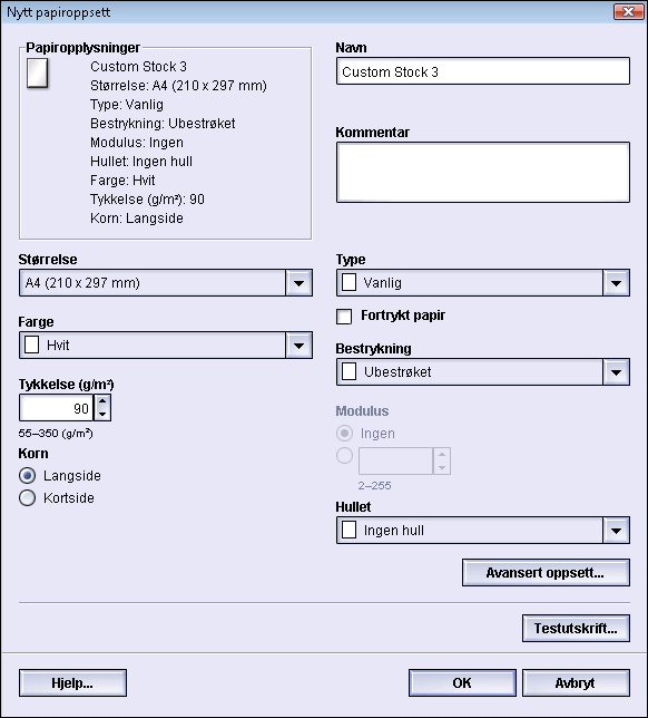 Behandle papirbibliotek Opprette et nytt papir (fra Egenskaper for magasin) Bruk følgende prosedyre til å opprette et nytt, permanent papir fra vinduet Egenskaper for magasin.