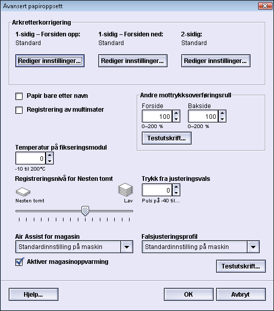 Avansert papiroppsett Korrigering av papirbøyen Bruk denne prosedyren når du velger/stiller inn alternativer for arkretterkorrigering for en papiroppføring (enten et nytt permanent papir eller en