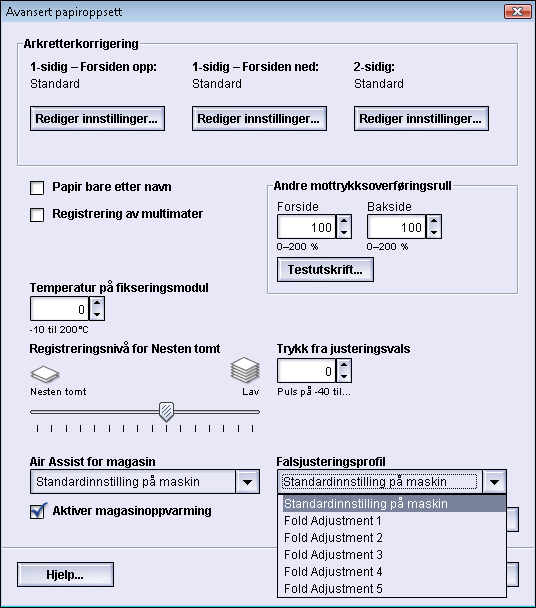 Avansert papiroppsett Falsjusteringsprofil Med dette alternativet kan du velge ønsket falsjusteringsprofil.