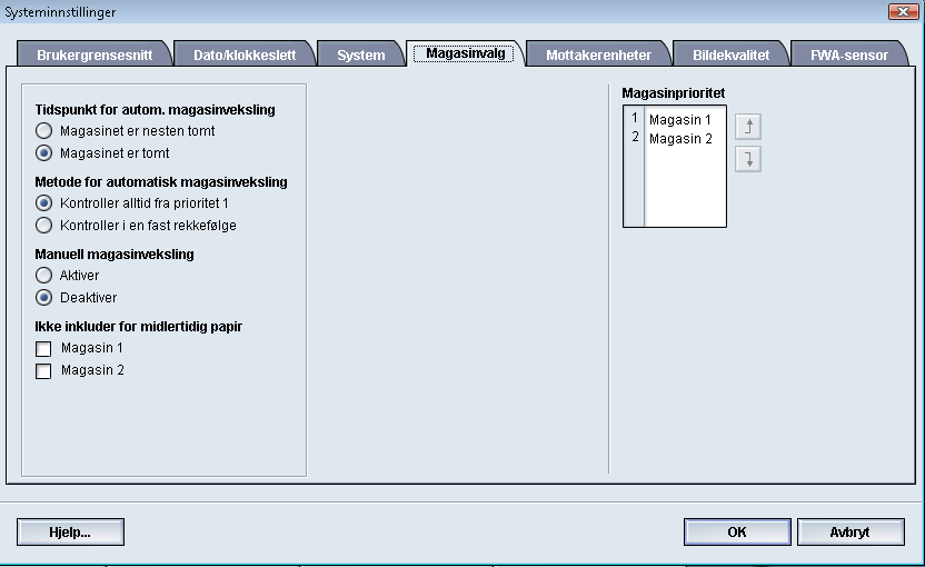 Systeminnstillinger Magasinvalg Bruk denne funksjonen til å endre fabrikkinnstillingene for følgende: Tidspunkt for automatisk magasinveksling: Maskinen velger automatisk et annet papirmagasin som