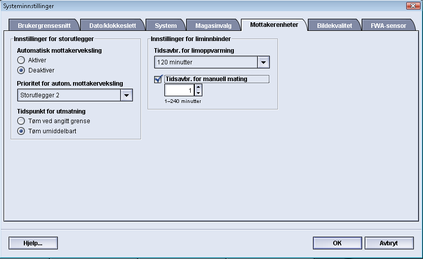 Systeminnstillinger Mottakerenheter Denne kategorien er bare tilgjengelig når spesifikke etterbehandlingsenheter er tilkoplet, for eksempel storutlegger eller liminnbinder.
