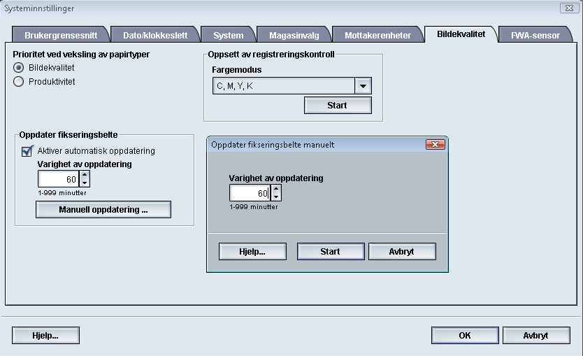 Systeminnstillinger Oppdateringsmodus for fikseringsmodul Bruk Oppdater fikseringsbelte til å kjøre en oppdatering av fikseringsbelte når det er defekter i bildekvaliteten på utskriftene.