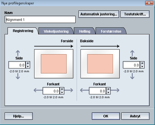 Profiler Opprette/redigere en justeringsprofil Bruk følgende prosedyre til å opprette en ny eller redigere en eksisterende justeringsprofil for å justere bildet for forsiden/baksiden.