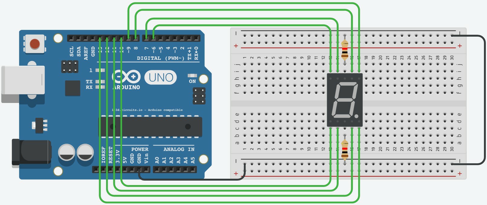 Motstand fra de to midterste pinnene på displayet. Ledning fra andre enden av motstandene til ground. Ledning fra pin 13 på Arduino til pinnen nederst til høyre på displayet.