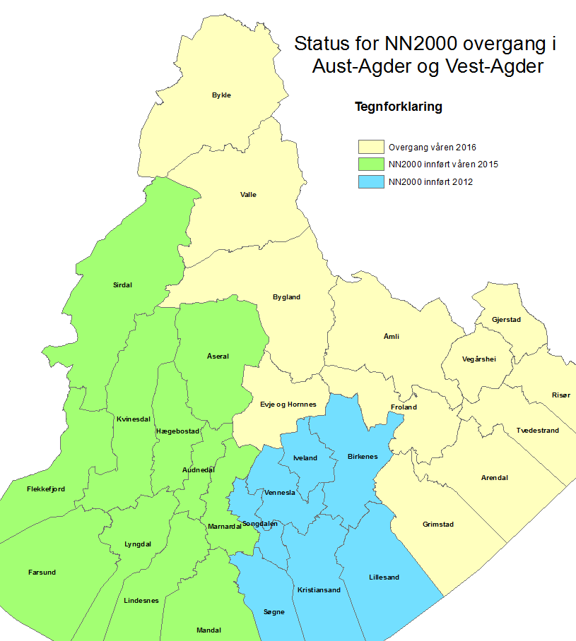 I 2012 gikk Kristiansand, Vennesla, Søgne, Songdalen, Lindesnes, Birkenes og Iveland over til nytt høydereferansesystem (NN2000) I mai 2015 gikk kommunene i Lister og Lindesnesregionene over til